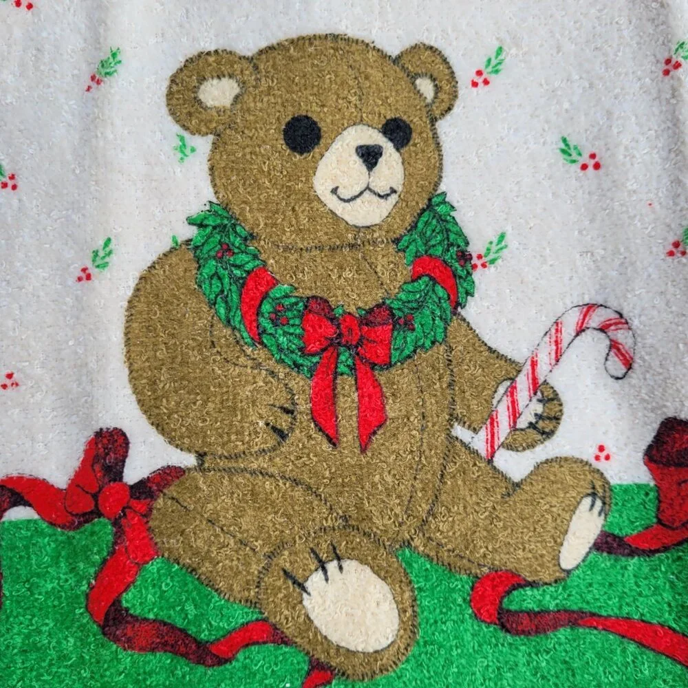 Cannon Dish Towels Vintage Christmas Wreath Bears Candy Canes USA Set 4 Kitchen